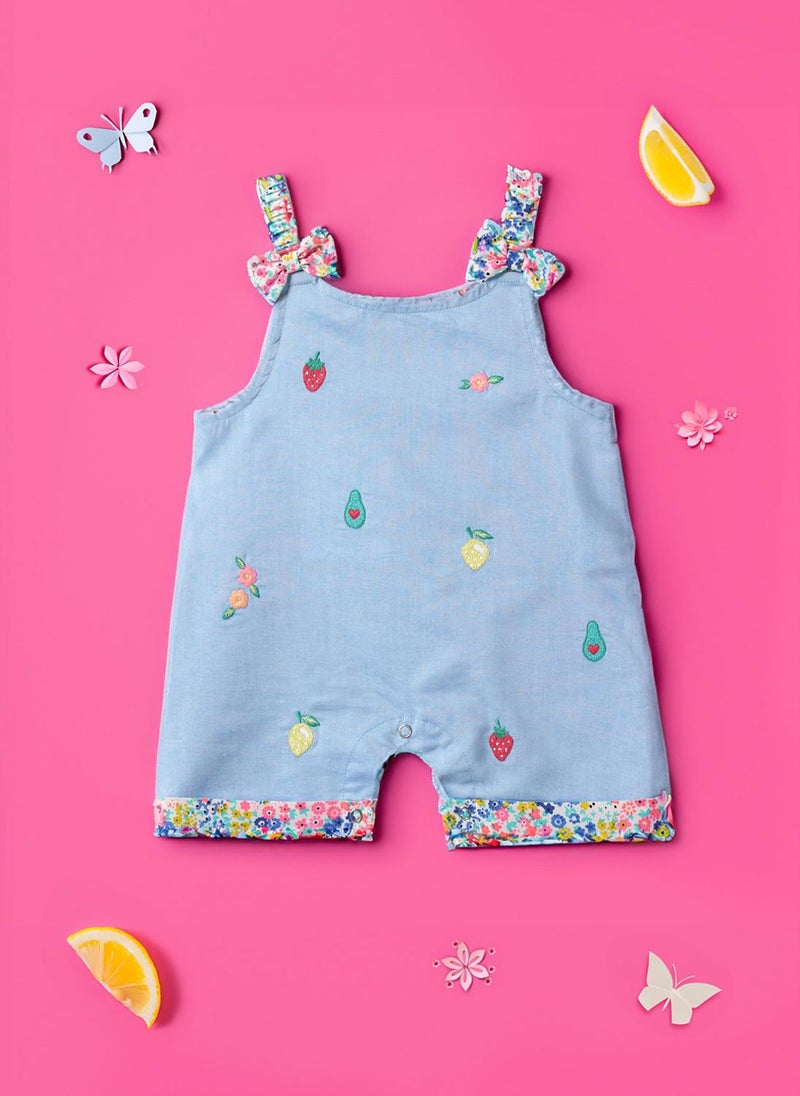 Nautinati Girls' 100% Cotton One-shoulder Romper with Floral, Strawberry, Avocado & Mango Embroidery - Image 1